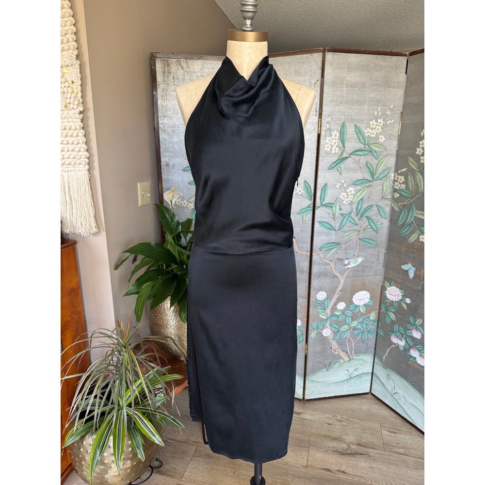 Y2K Kenneth Cole Black Stretch Silk Halter Neck Cowl Backless Midi Dress Size 8